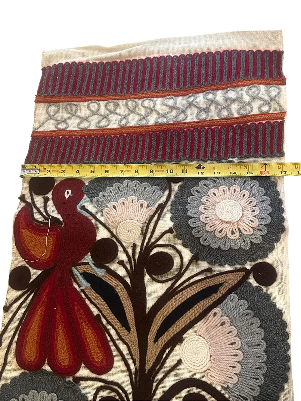 Vtg Embroidered Crewel Yarn Wall Runner Birds Folk Art Textile Tapestry READ 70